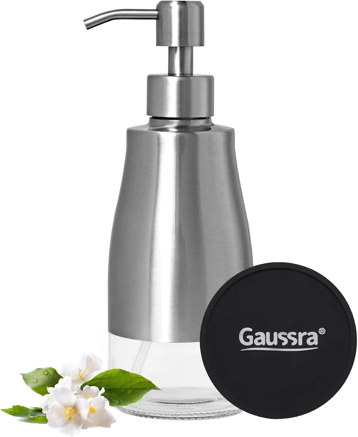 Gaussra Soap Dispenser with Coaster and Stickers – 11 OZ / 320 ML | Brushed Nickel Stainless Steel Case Glass Liner Hand Soap Dispenser, Lotion Soap Dispenser for Bathroom and Kitchen