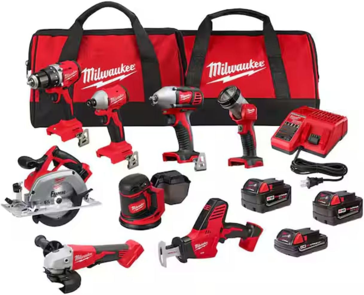 Milwaukee M18 18V Cordless Power Tool Combo Kit, 8-Tool Set, 3 Batteries, 2 Tool Bags, Charger Included