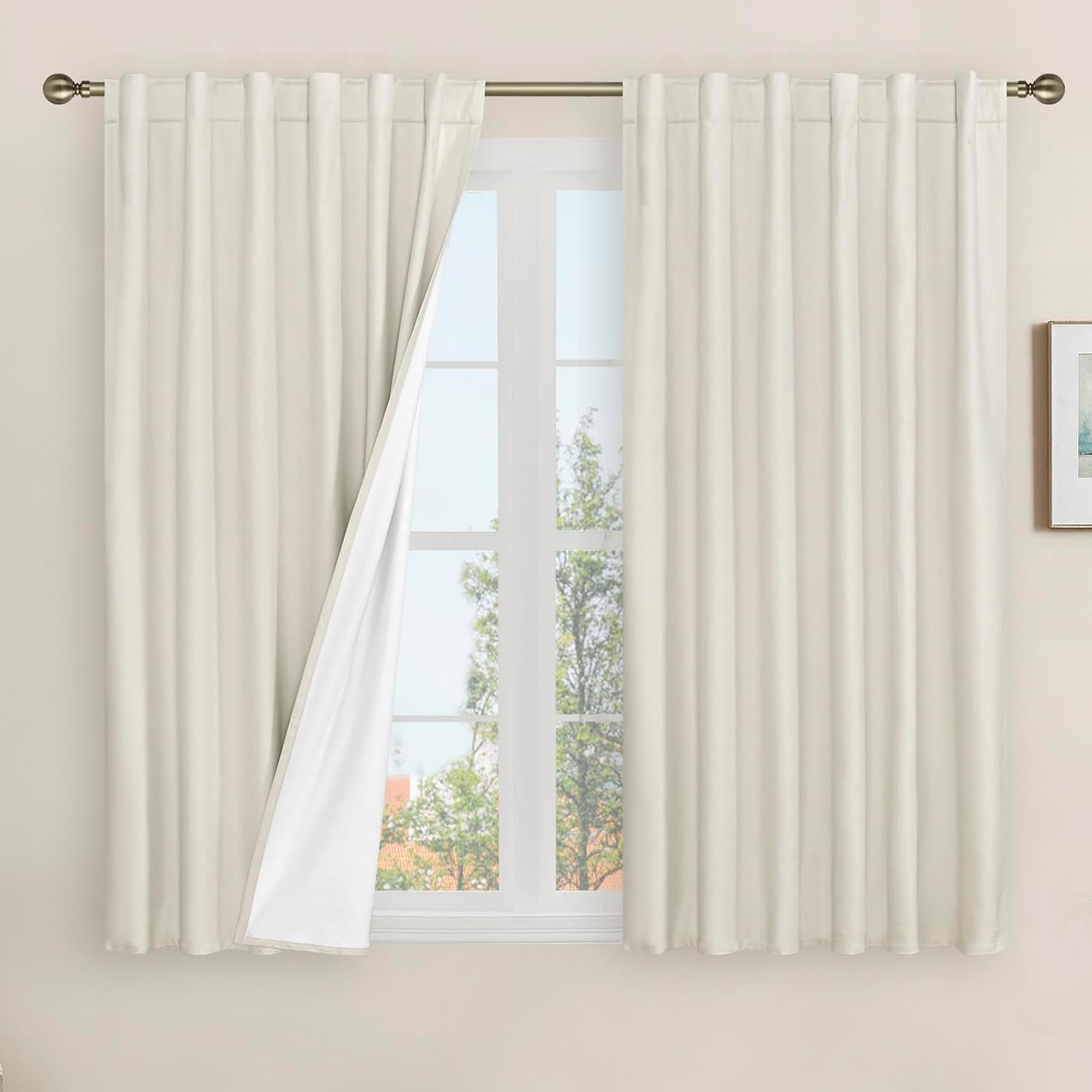 54 Inch Linen Full Blackout Window Curtains for Bedroom, Thermal Farmhouse Curtains Back Tab and Rod Pocket Privacy Protected Burlap Panels with White Liner, 2 Panels, 52 x 54 Inch, Ivory