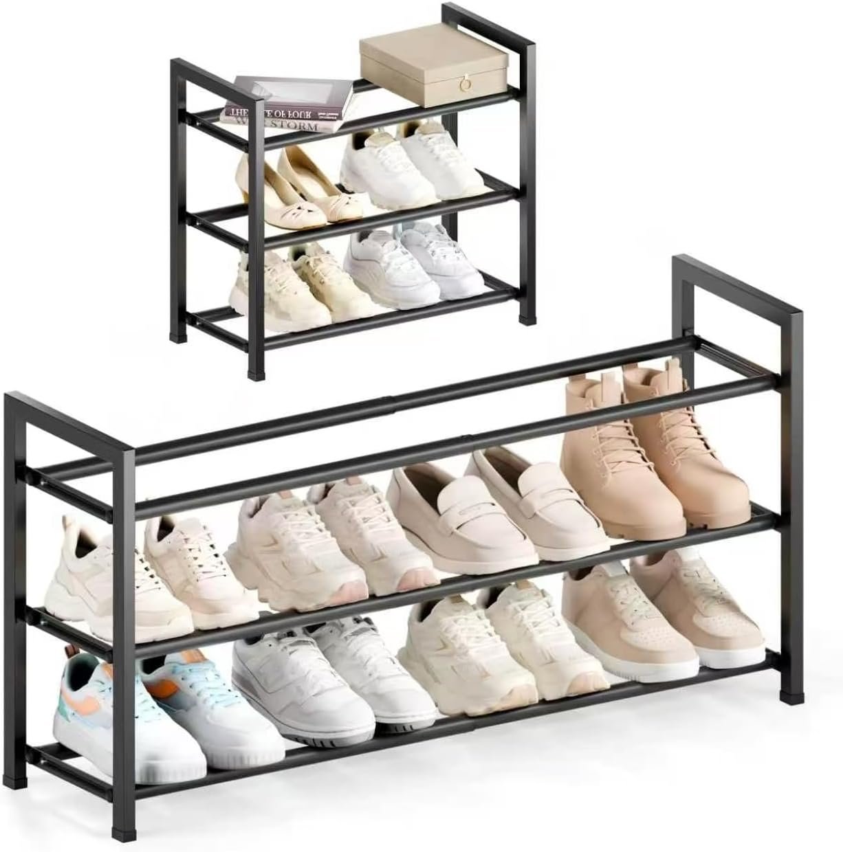 Bumusty 3 Tier Expandable Shoe Rack for Closet, Black | 18″-33″ Adjustable Shoe Rack for Entryway, Small Shoe Organizer for Dorm, Front Door, Sturdy Metal