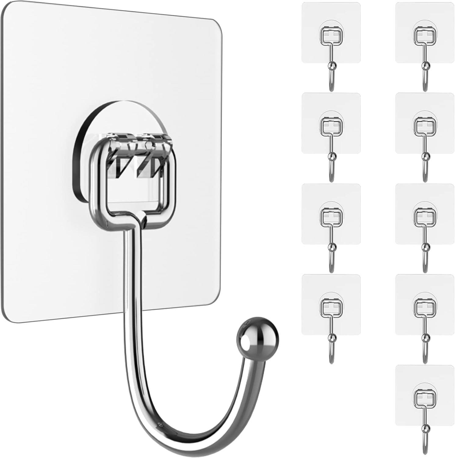 Large Hooks for Hanging Heavy-Duty 44Ib(Max) 10 Packs, Wall Hangers without Nails Self-Adhesive Traceless Clear and Removable, Waterproof and Rustproof Multiple Uses for Bathroom Kitchen Home