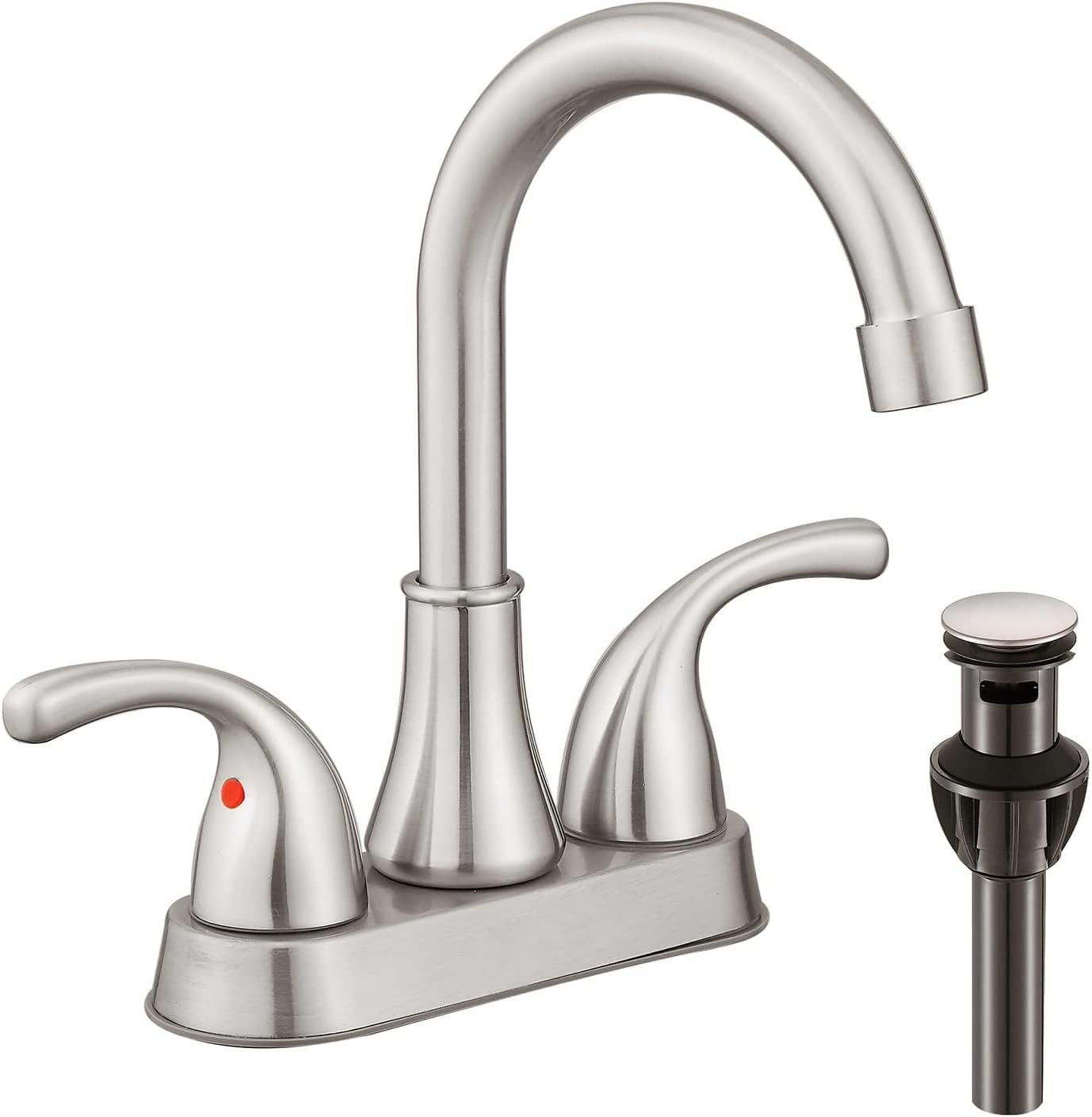 Bathroom Sink Faucet FRANSITON 4 Inch Faucet 2 Handle Bathroom Sink Faucets Lead-Free Brushed Nickel Bath Sink Faucets with Pop-up Drain Stopper and Supply Hoses