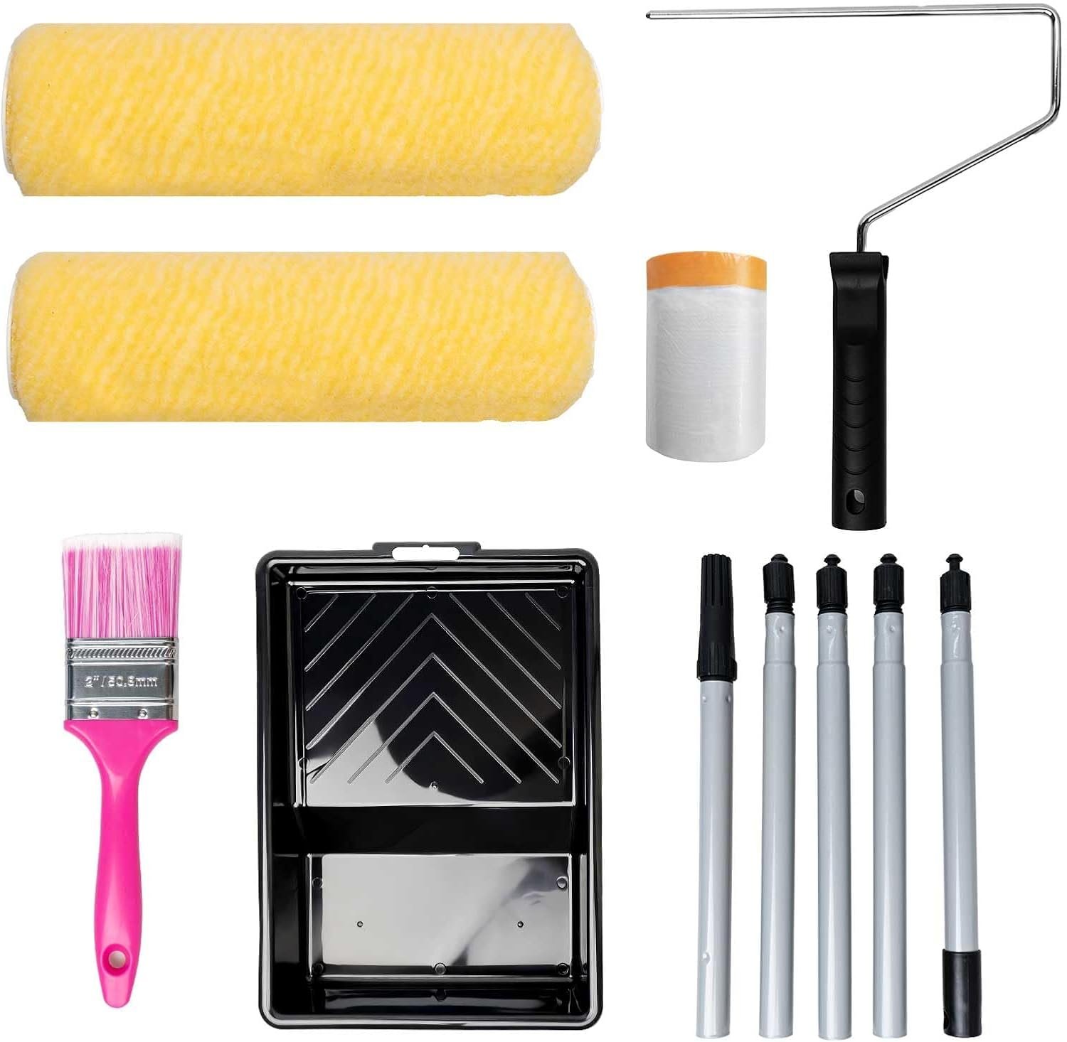 Paint Roller Kit with Extension Pole – 6 Pieces Set with 9″ Paint Roller, 2″ Paint Brush, 51″ Adjustable Extension Pole, 11″ Sturdy Paint Tray – Complete Painting Tool Set