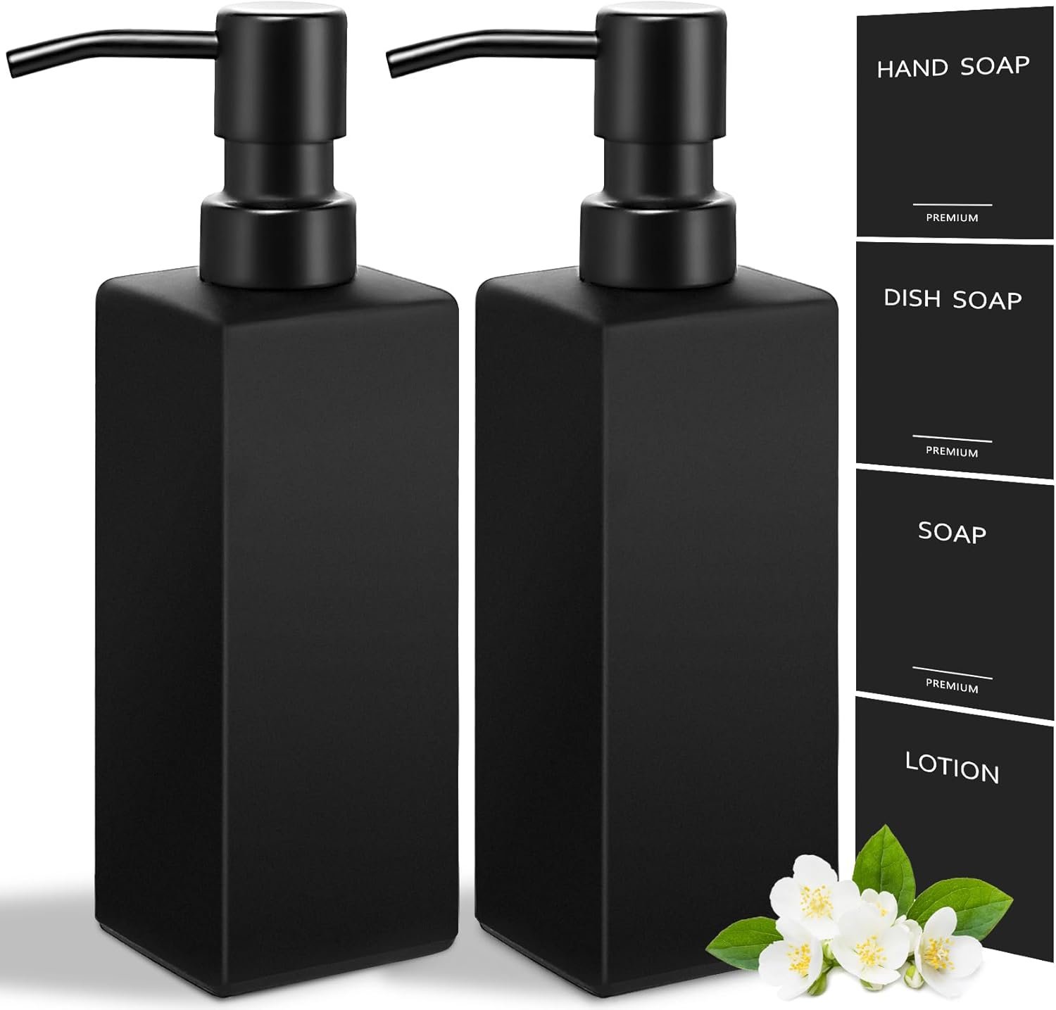GMISUN Black Soap Dispenser, Hand Soap Dispenser Bathroom, 12oz Glass Soap Dispenser with Stainless Steel Pump, Liquid Dish Soap Dispenser for Kitchen, Modern Bathroom/Kitchen Soap Dispenser Set