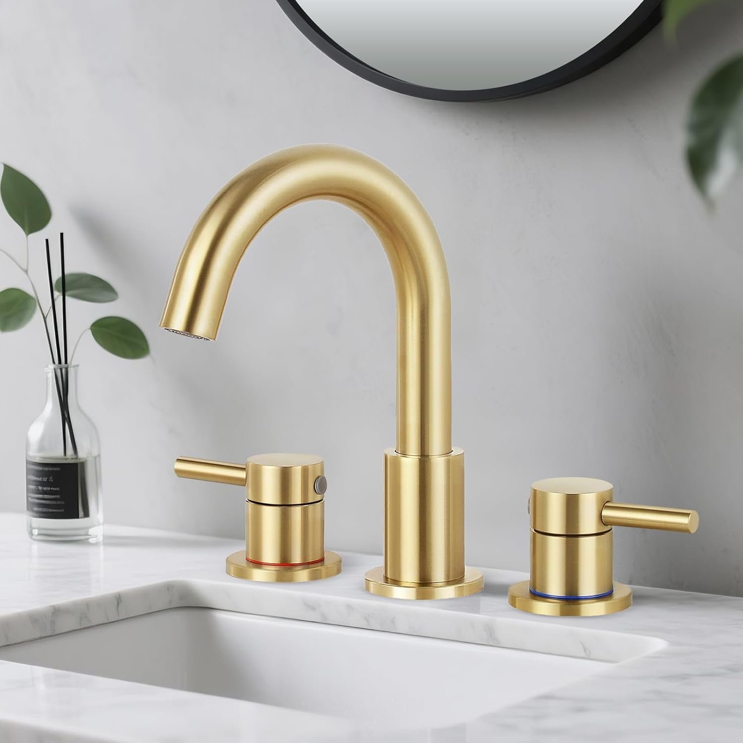 Bathroom Faucet 3 Hole Brushed Gold, 2-Handle Widespread Faucet | Lead-free stainless steel, pop-up drain, Detachable faucet aerator, 360°swivel, for RV & vanity sink 3-hole mount
