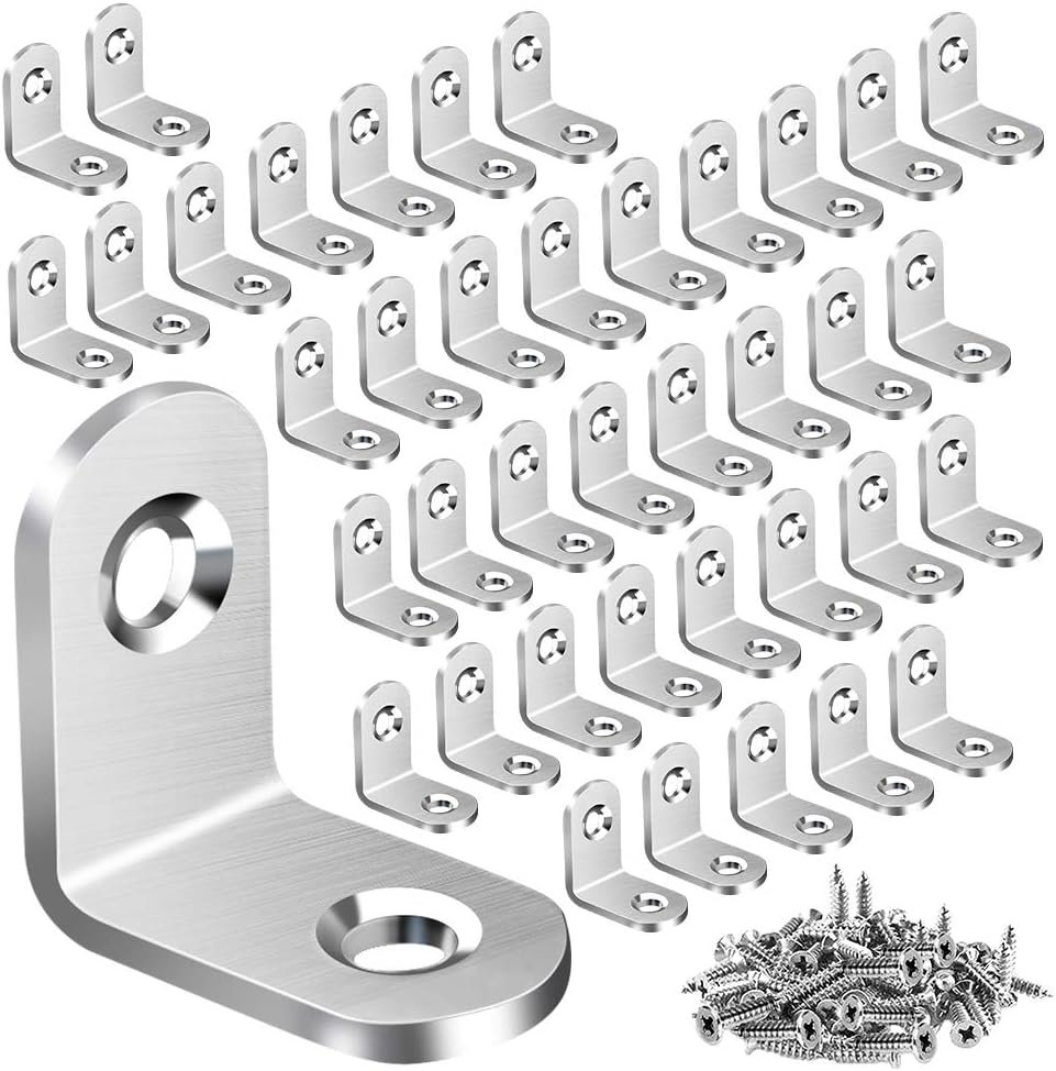 Vicuna R 40PCS L Bracket Corner Brace, Stainless Steel Corner Bracket | Small Metal Right Angle Bracket, L Brackets for Shelves, Wood Furniture Chair Drawer Cabinet, 80PCS Screws, 0.79 x 0.79 inch