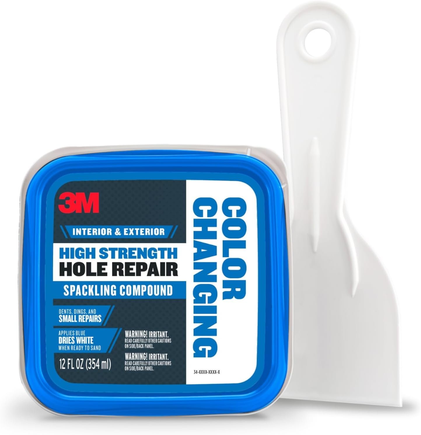 3M High Strength Spackling Compound 12 oz. and Putty Knife, Color Changing, Applies Blue, Dries White, Ideal for Use on Drywall, Plaster, Stoccu and Wood, Easy Interior and Exterior Repairs (CC-SIOC)