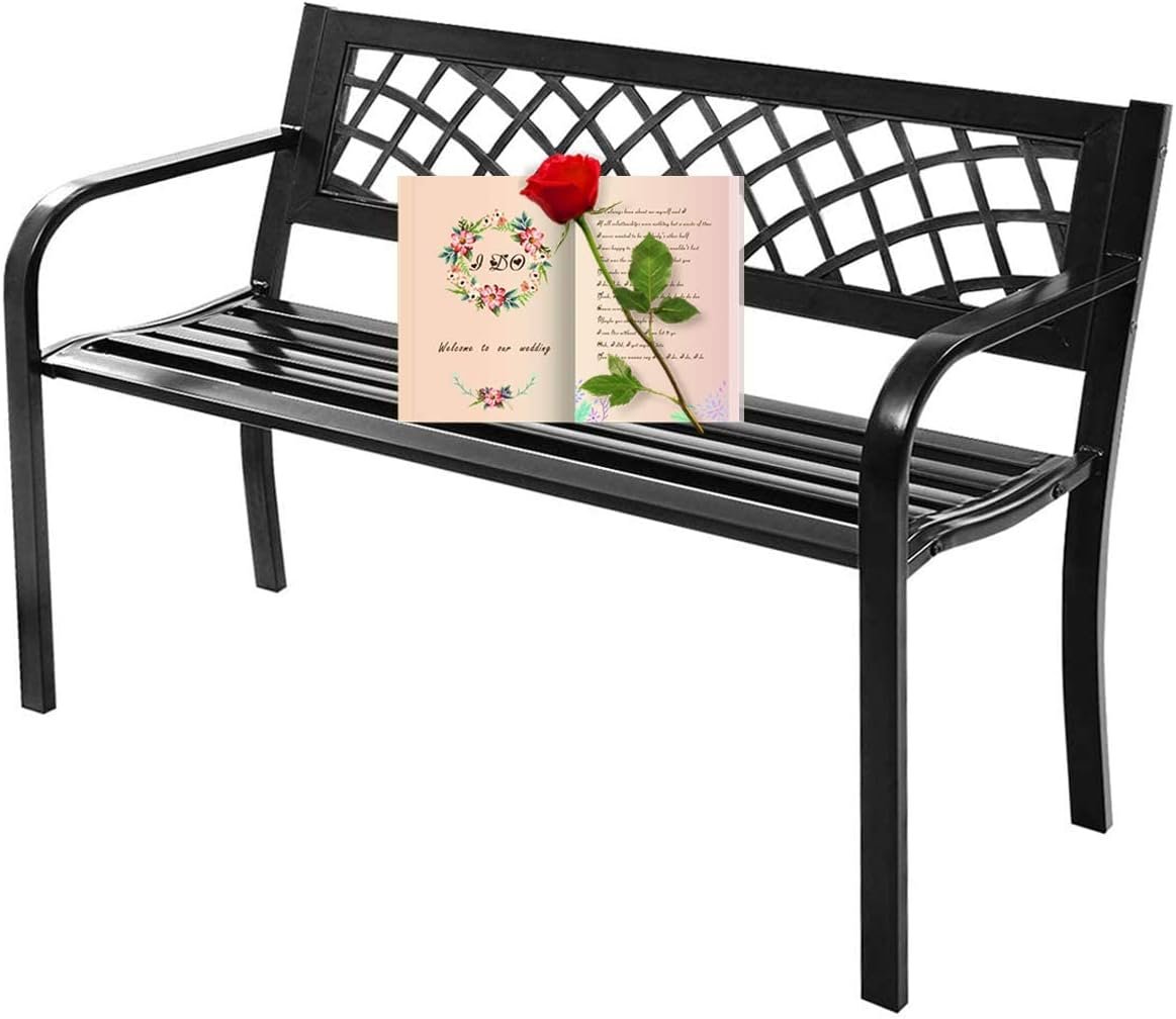 Patio Bench, Outdoor Metal Garden Bench with Armrest, Black | Garden Benches for Outdoors, Outside Bench with Backrest, 480lbs Capacity, Cast Iron, Sturdy Steel Frame