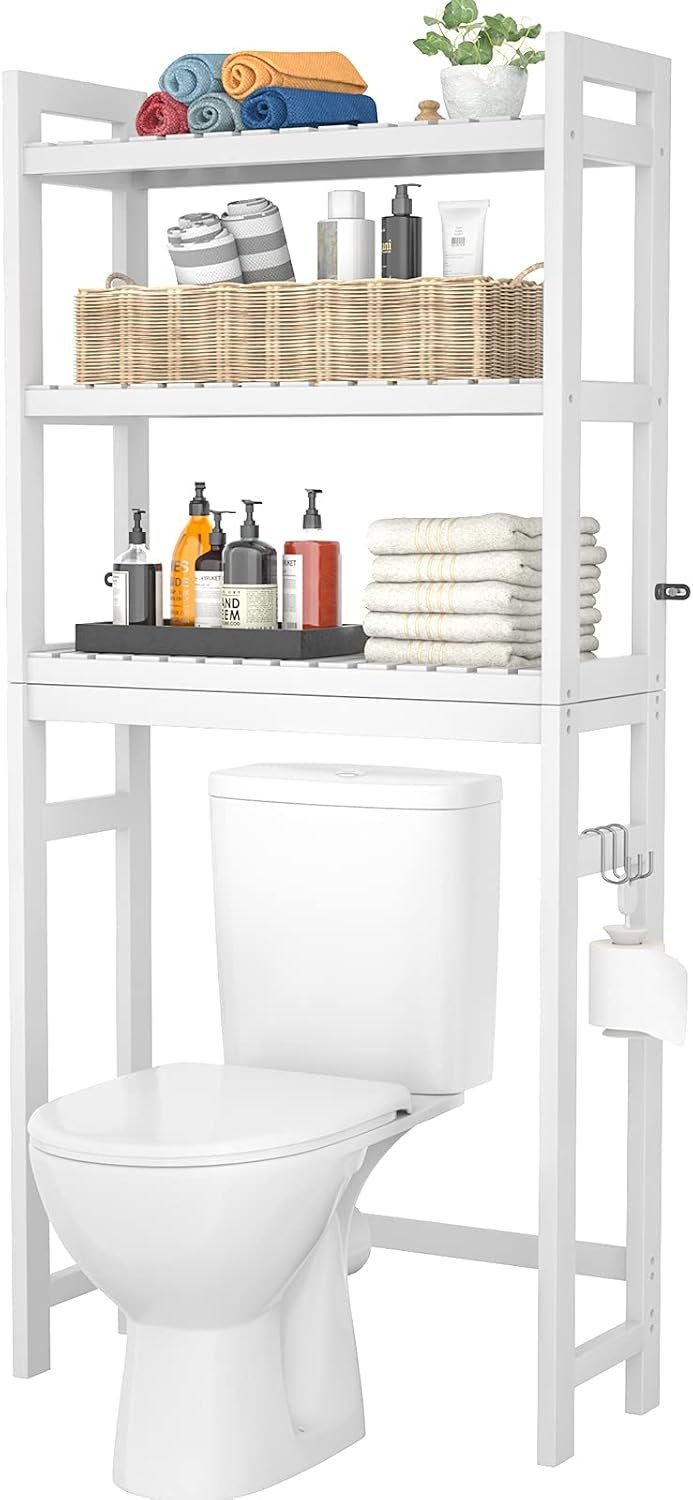 Over The Toilet Storage, Bamboo Over Toilet Bathroom Organizer Rack, Freestanding Bathroom Shelves Above Toilet Storage with 3 Hooks, Bathroom Space Saver, No Rust, Easy to Assemble, White