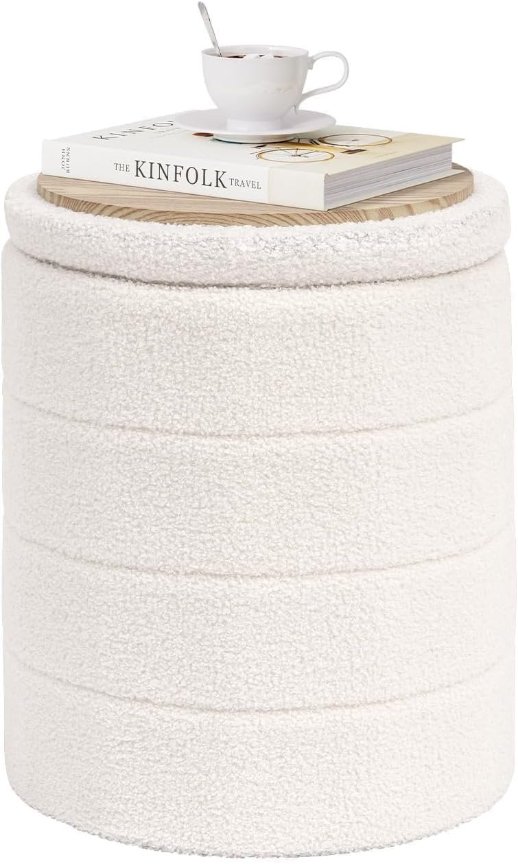 PINPLUS Round Storage Ottoman Foot Rest Stool with Tray Velvet Sherpa Folding Storage Ottoman,Boucle Foot Rest for Living Room, Bedroom, Dorm（White）