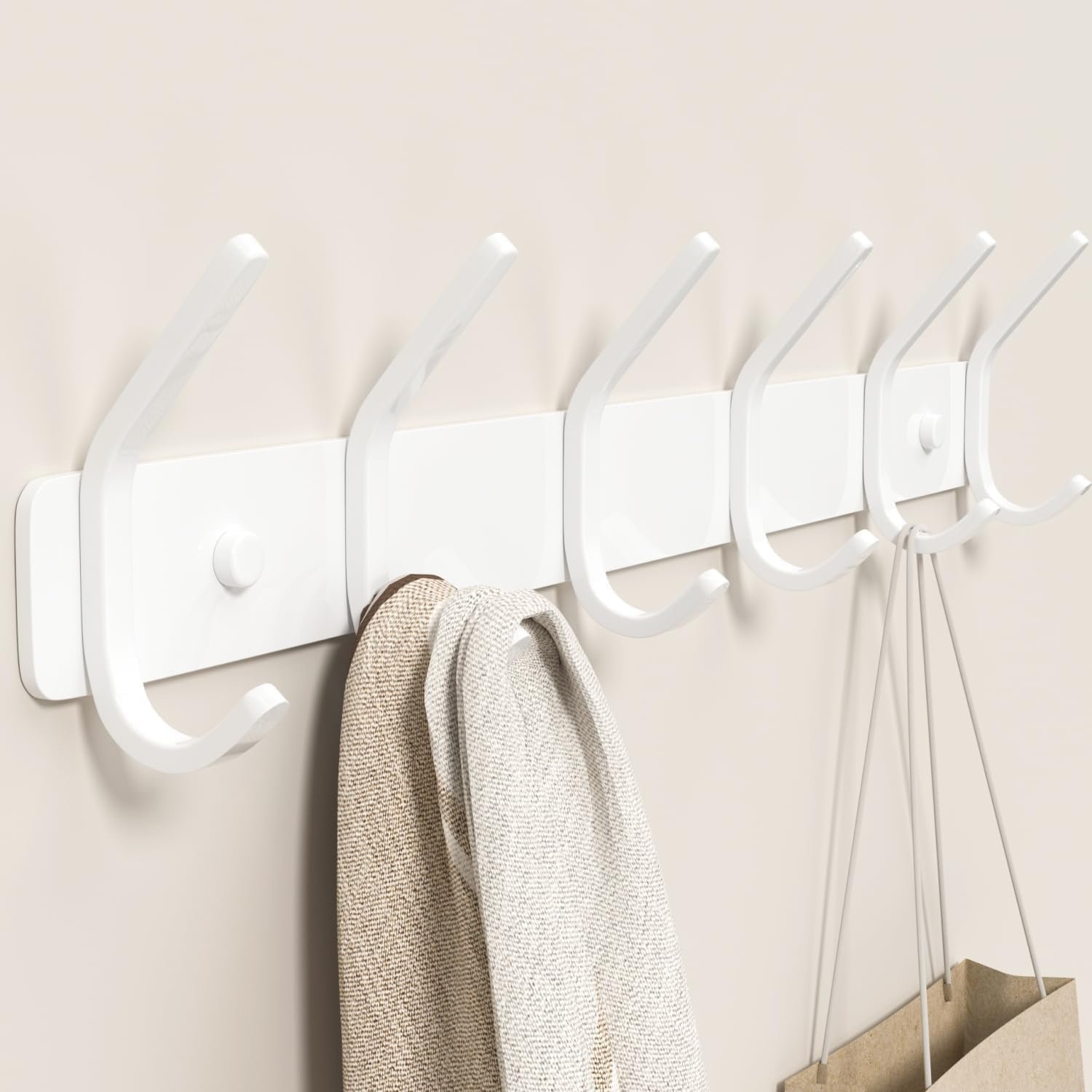 Coat Rack Wall Mount Hooks – 15 Inch White Metal 6-Hook Rack(1 Pack) | Modern Kids Room, Entryway & Bathroom Hanger for Towels, Coats, Purses, Bags