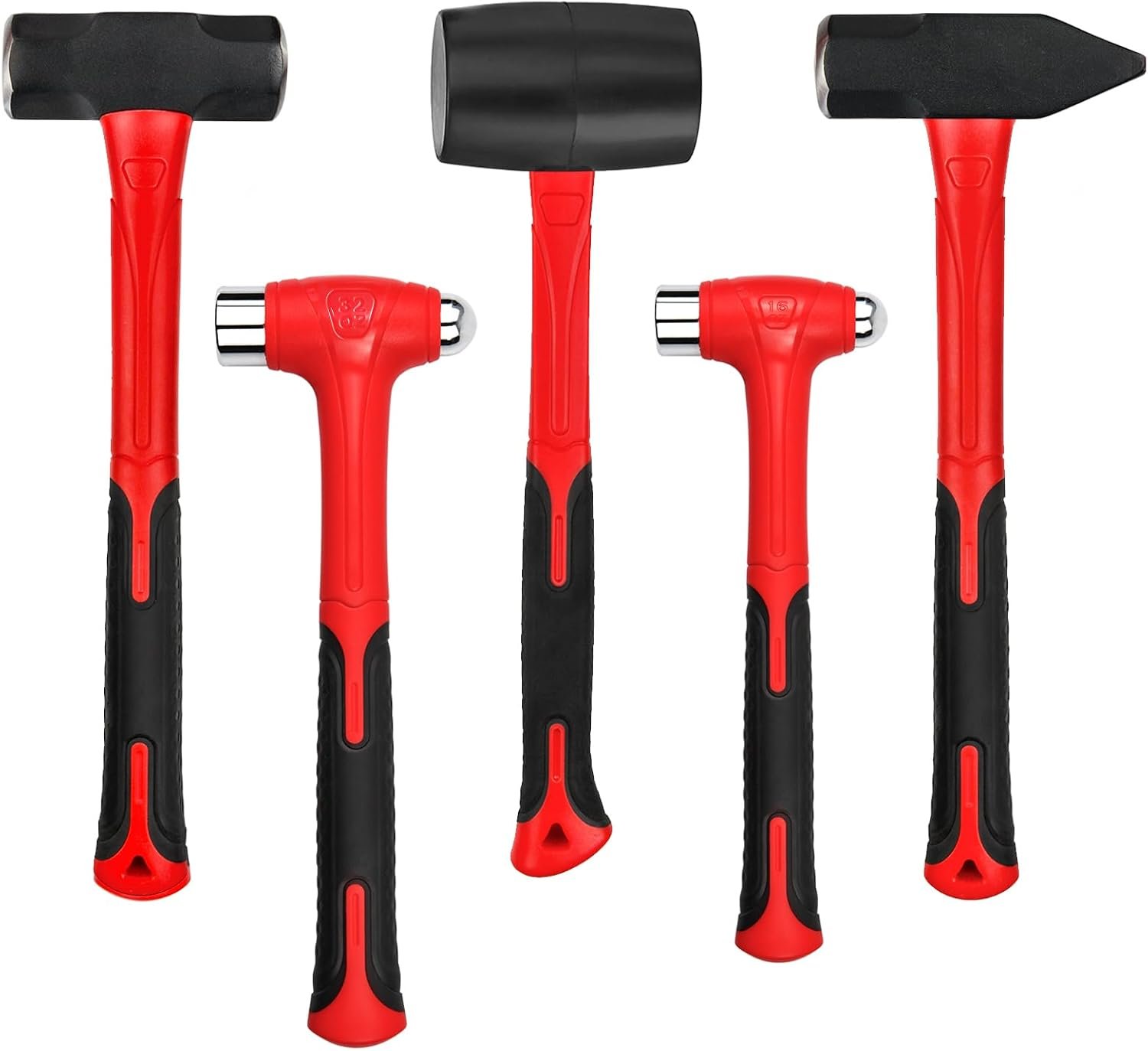 C&T 5-Piece Hammer Set, 16oz Ball Peen Hammer | 32oz Ball Peen Hammer | 32oz Rubber Mallet | 3lb Sledge Hammer | 3lb Cross Peen, Fiberglass Handle & Mallet Set