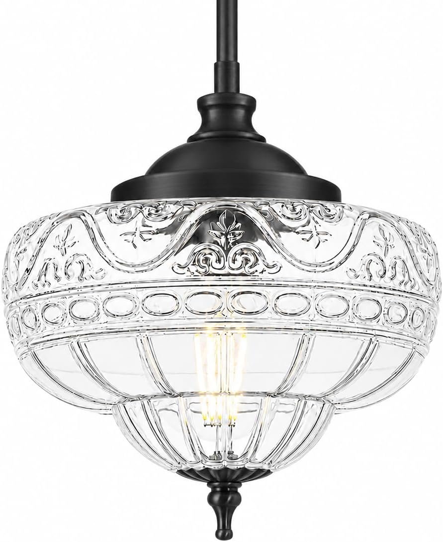 Vintage Black Pendant Light Fixture, 9.4” Handblown Clear Glass Hanging Light Fixture, Adjustable 13–48.4in, Farmhouse Pendant Lighting for Kitchen Island Dining Room Entryway Hallway, E26