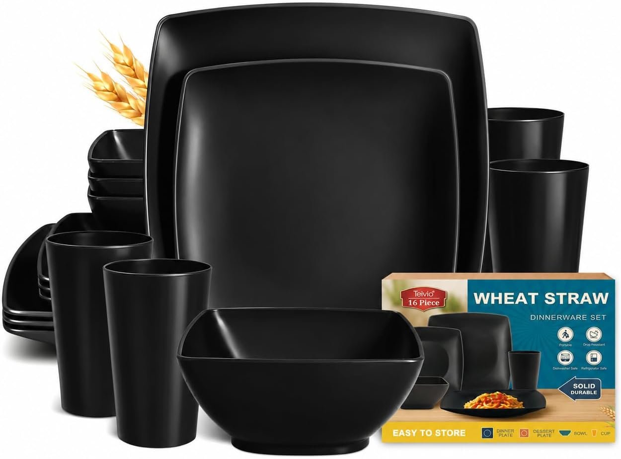 Teivio 16-piece Plastic Wheat Straw Square Dinnerware Set for 4, Unbreakable Dinner Plates, Salad Plates, Snack Bowls, Tumblers 13.5 oz, Dishwasher Safe, Kitchen Outdoor Camping,Black
