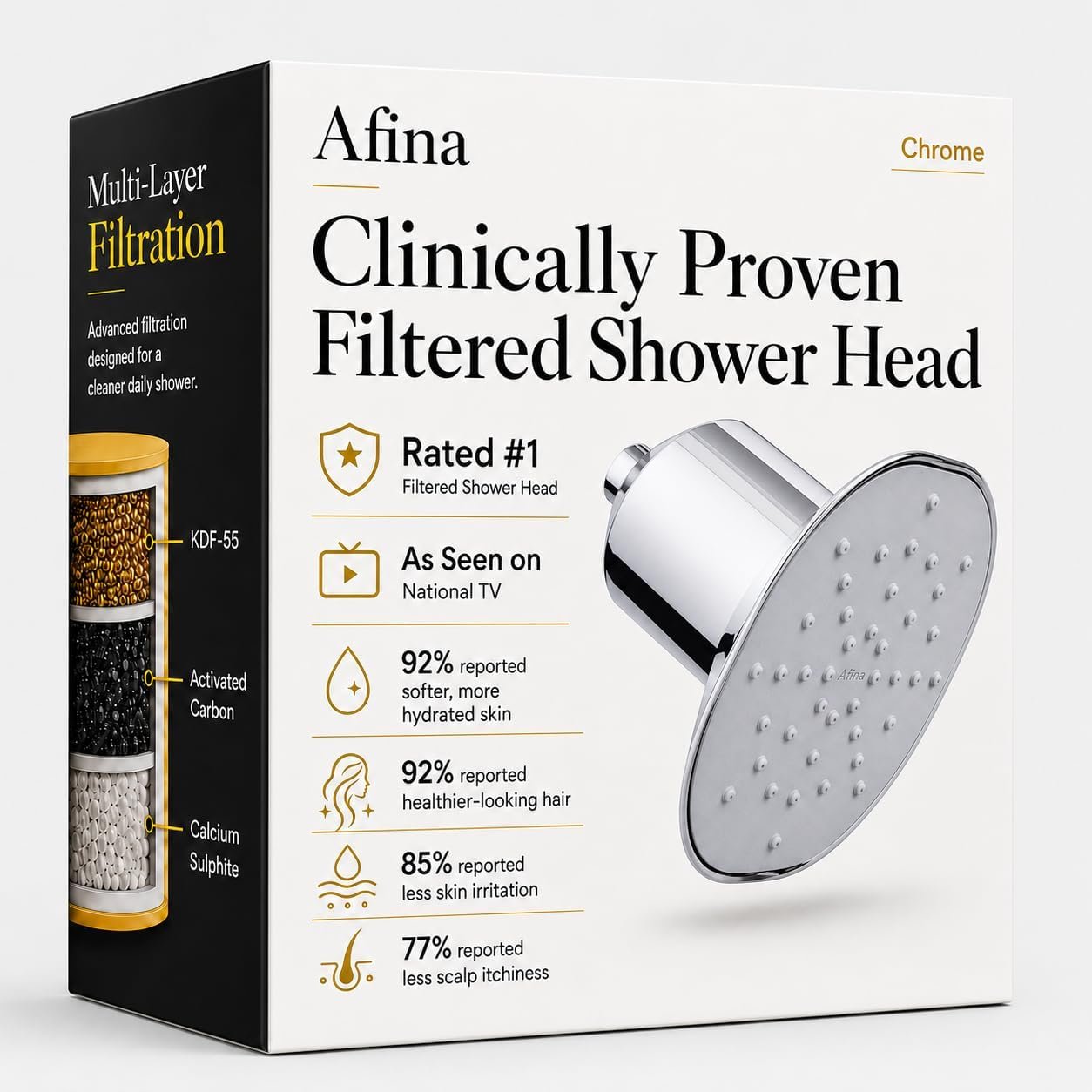 Afina Filtered Shower Head, High Pressure Rainfall (Chrome) | KDF-55 Shower Filter & Water Filter Showerhead for Hard Water, Reduces Chlorine for Softer Skin & Hair