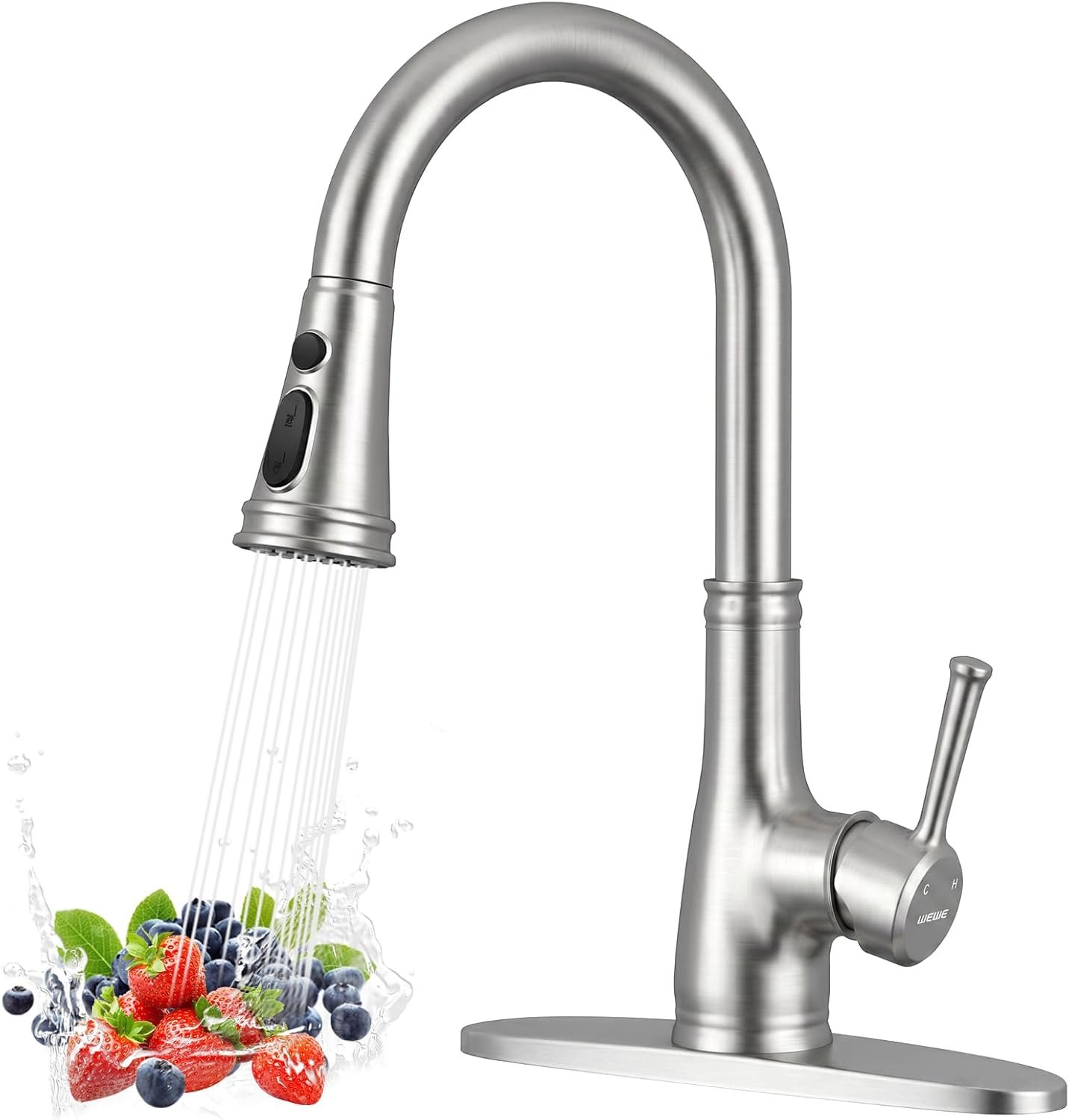 WEWE Vintage Kitchen Faucet, Pull-Down Sprayer, Brushed Nickel, High Arc | 3 Modes Sprayer, 360 Swivel, SUS304, Fits 1- or 3-Hole Sinks, 20-Inch Hose, Ceramic Cartridge, Fits Bar & Prep Sinks