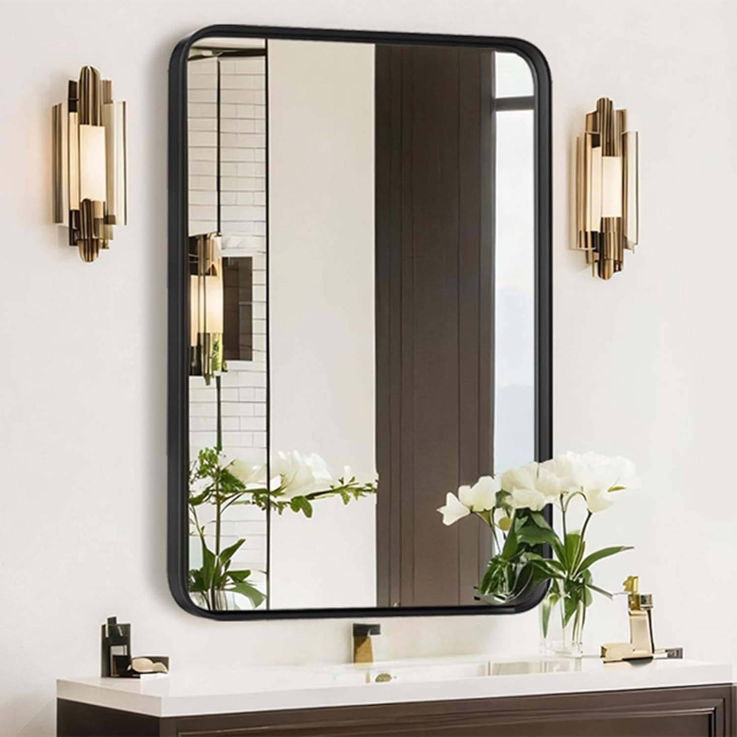 Bathroom Mirror for Wall, 30×22 Inch Rectangle Mirror, Matte Black Metal Framed Bathroom Vanity Mirror for Restroom Farmhouse, Anti-Rust, Tempered Glass, Horizontally or Vertically Hanging
