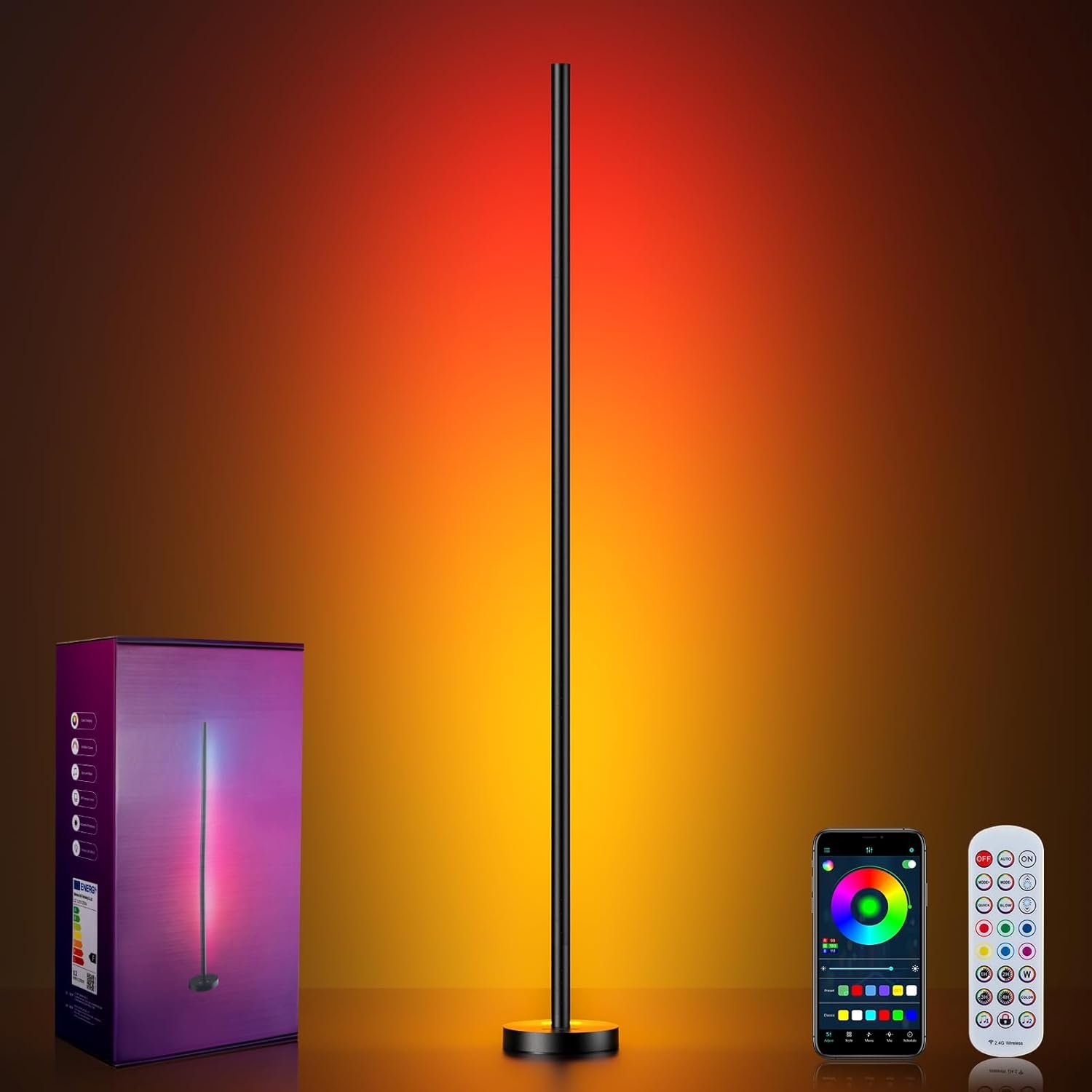 OIYN Smart RGBICW LED Corner Floor Lamp – 16 Million DIY Colors, 68+ Scenes, Music Sync, App & Remote Control, Color-Changing Ambient Lighting for Living Rooms, Bedrooms, and Gaming Rooms