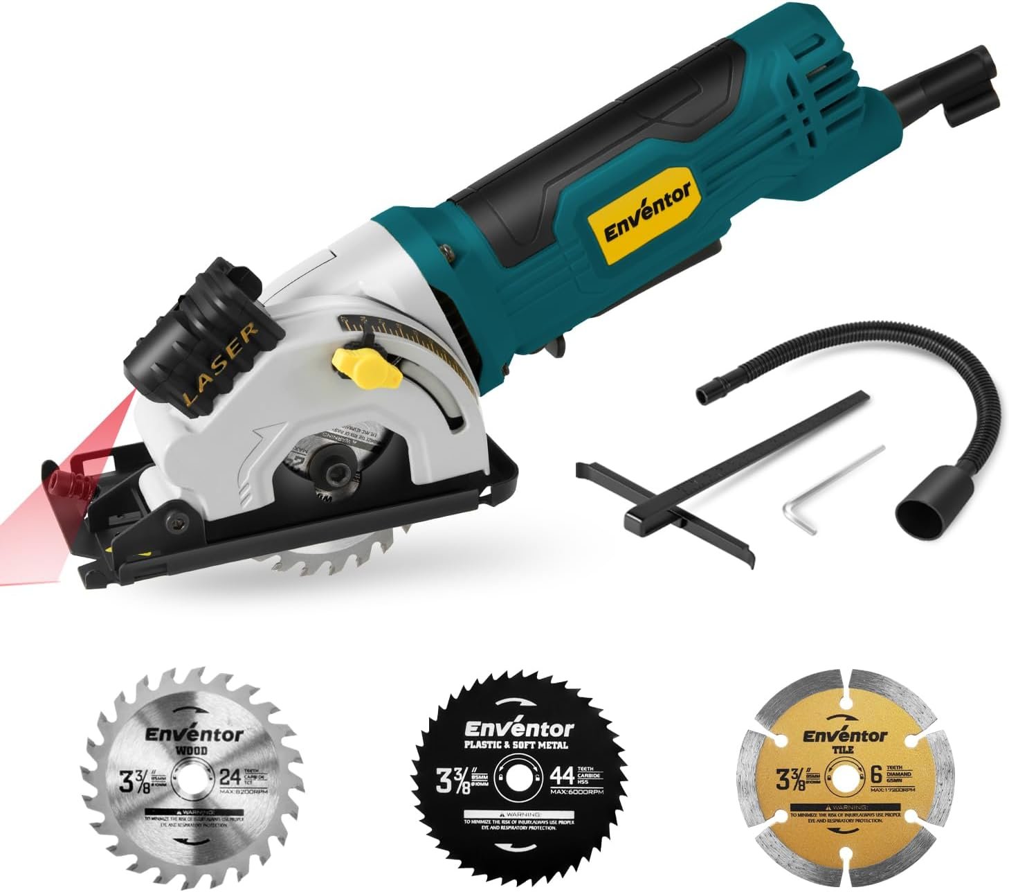 Enventor Mini Circular Saw with 3 Blades, 3-3/8 in, 4.8 A Corded | Laser Guide, 4000 RPM, Adjustable Cutting Depth, Max cut 1-1/16 in, Dust Port and Rip Guide; for Wood, Soft Metal, Tile