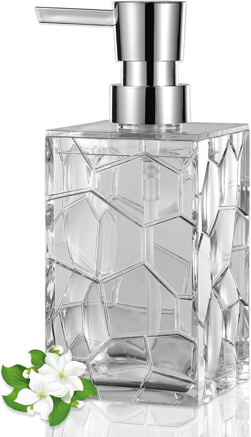 Clear Acrylic Pump Bottle Refillable Lotion Soap Dispenser 10oz | BPA-Free, Sturdy, Plastic Empty Liquid Container for Bathroom Decor, Dish Hand Soap, Shampoo, Kitchen College Dorm