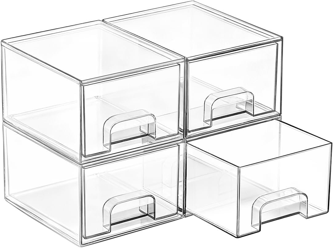 Vtopmart 4 Pack Small Clear Stackable Storage Drawers for Desk, Countertop | Bathroom Makeup Accessories Organizer, Plastic Bins For Desk, Vanity, Undersink, Medicine Cabinet ,Home Organization