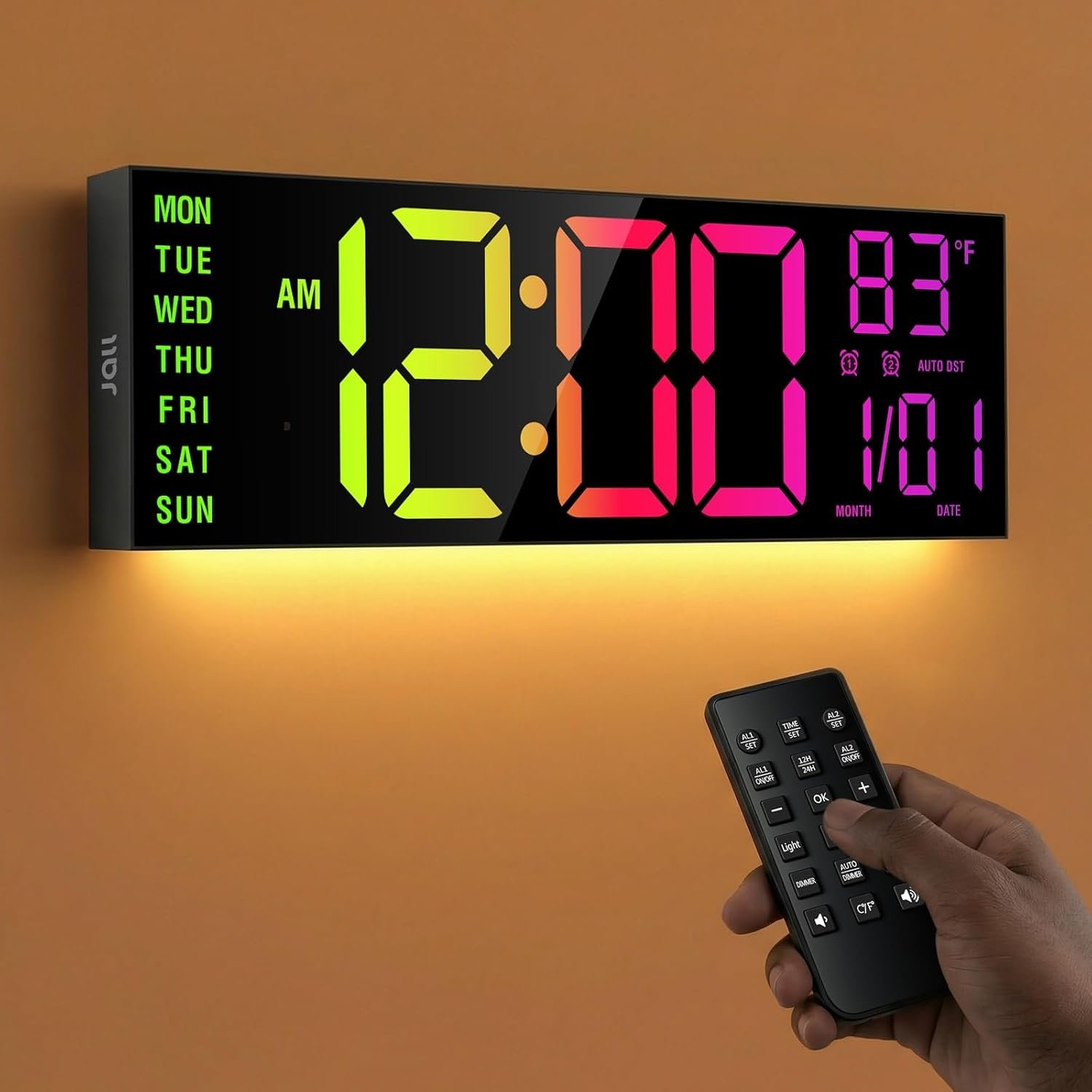 JALL 16″ Large Digital Wall Clock with RGB Colors for Classroom, Wall Clock with Bluetooth for Time Set, Digital Clock with Temperature Timer Dual Alarm, Classroom Decor for Teacher Student, Black