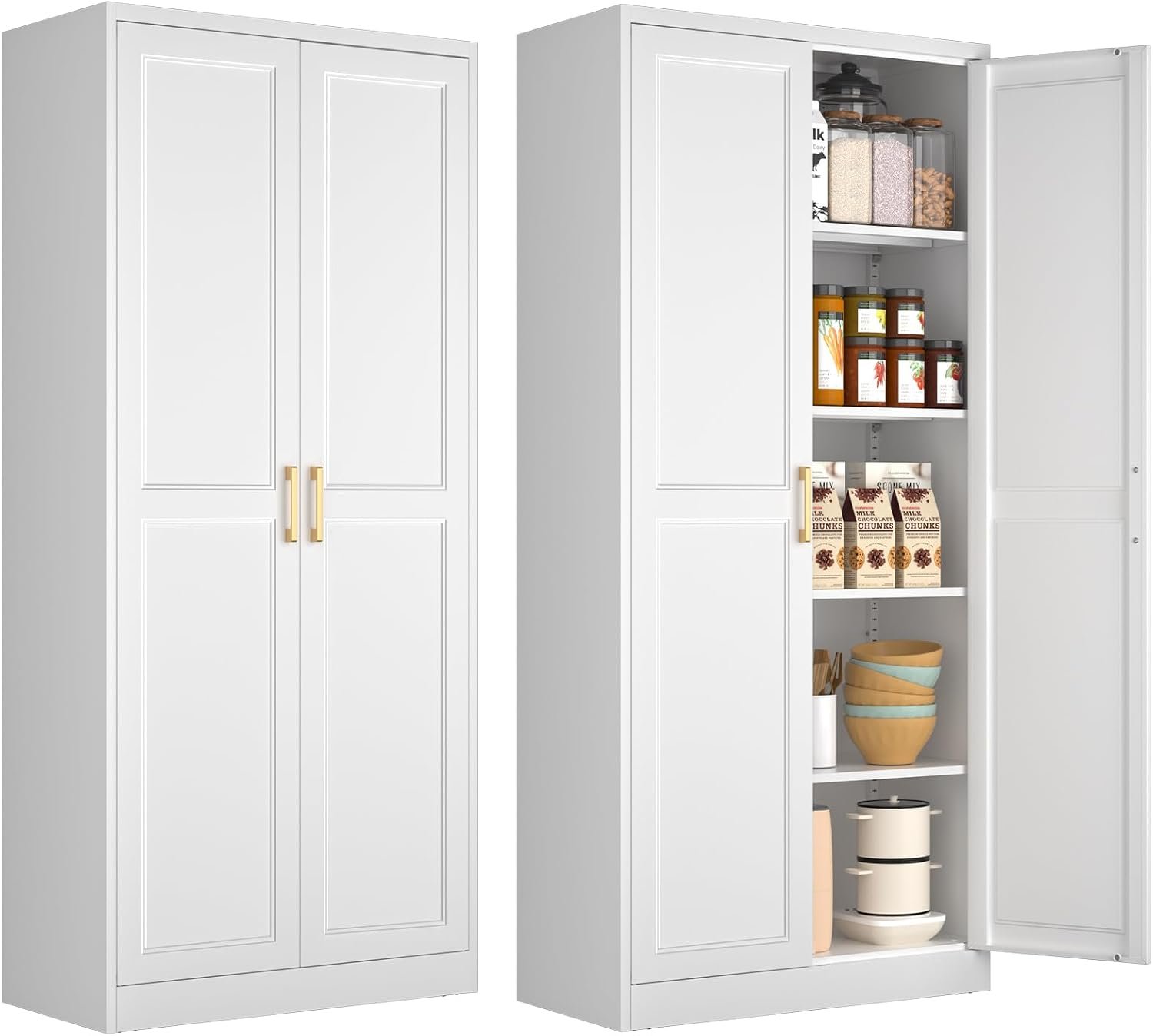 Polup 71″ White Metal Kitchen Pantry Storage Cabinet with Doors and Shelves | Tall Freestanding Cupboard, 5-Tier Heavy Duty, 4 Adjustable Shelving, Gold Handles, for Garage, Dining Living Room, Office