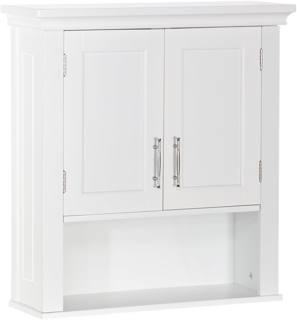 RiverRidge Somerset Two-Door Bathroom Wall Mount Medicine Cabinet, White | Open Display Shelf, Adjustable Interior Shelf, Two-Tone Handles, Space-Saving, Laundry Storage