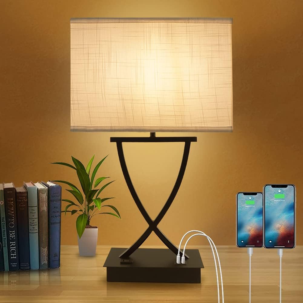 OYedis 3-Way Dimmable Touch Control Medium Table Lamp with Type C/USB Charging Port and 1 AC Outlet White Shade 21.38″ Bedside Nightstand Lamp for Bedroom Living Room Office and Hotel Bulb Included