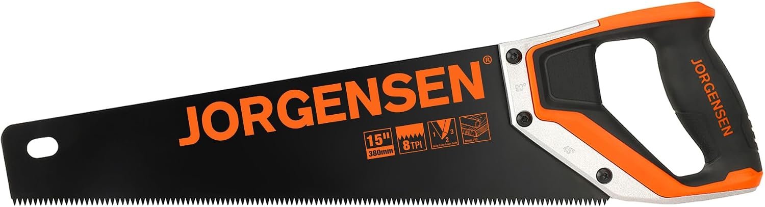JORGENSEN 15-Inch Hand Saw, 8 TPI Coarse Blade for Wood Cutting | Black-Coated Blade with Ergonomic Non-Slip Aluminum Handle for Sawing, Trimming, Gardening, Pruning, and PVC Cutting