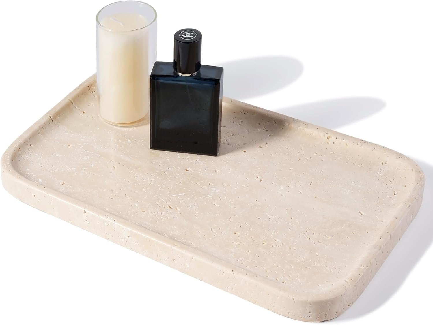 Travertine Vanity Tray, Stone Bathroom Tray for Countertop, 14” Marble Decorative Dresser Trays, Large Serving Trays for Kitchen Counter, Storage for Kitchen Sink, Perfume, Jewelry Holder