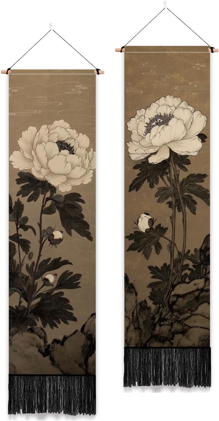 PLIGREAT 2 Pack Japanese Peony Vertical Tapestry with Tassels Elegant Flower Wall Hanging for Bedroom Bathroom Living Room Warm Long Narrow Wall Hanging Dorm Room Home Art Decor