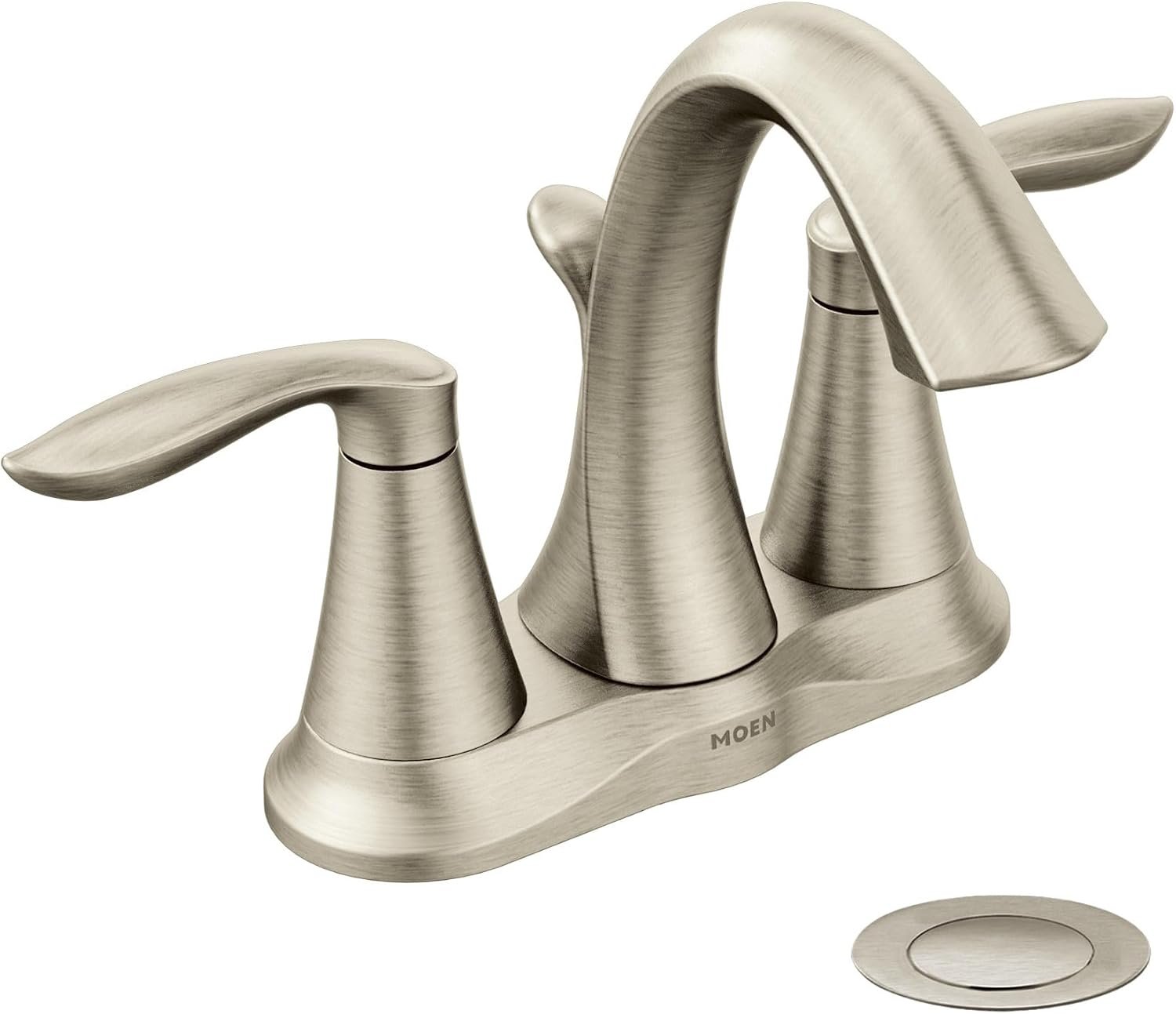 Moen Eva Brushed Nickel Two-Handle 4-Inch Centerset Bathroom Faucet with Drain Assembly, Bathroom Faucets for Sink 3-Hole, 6410BN