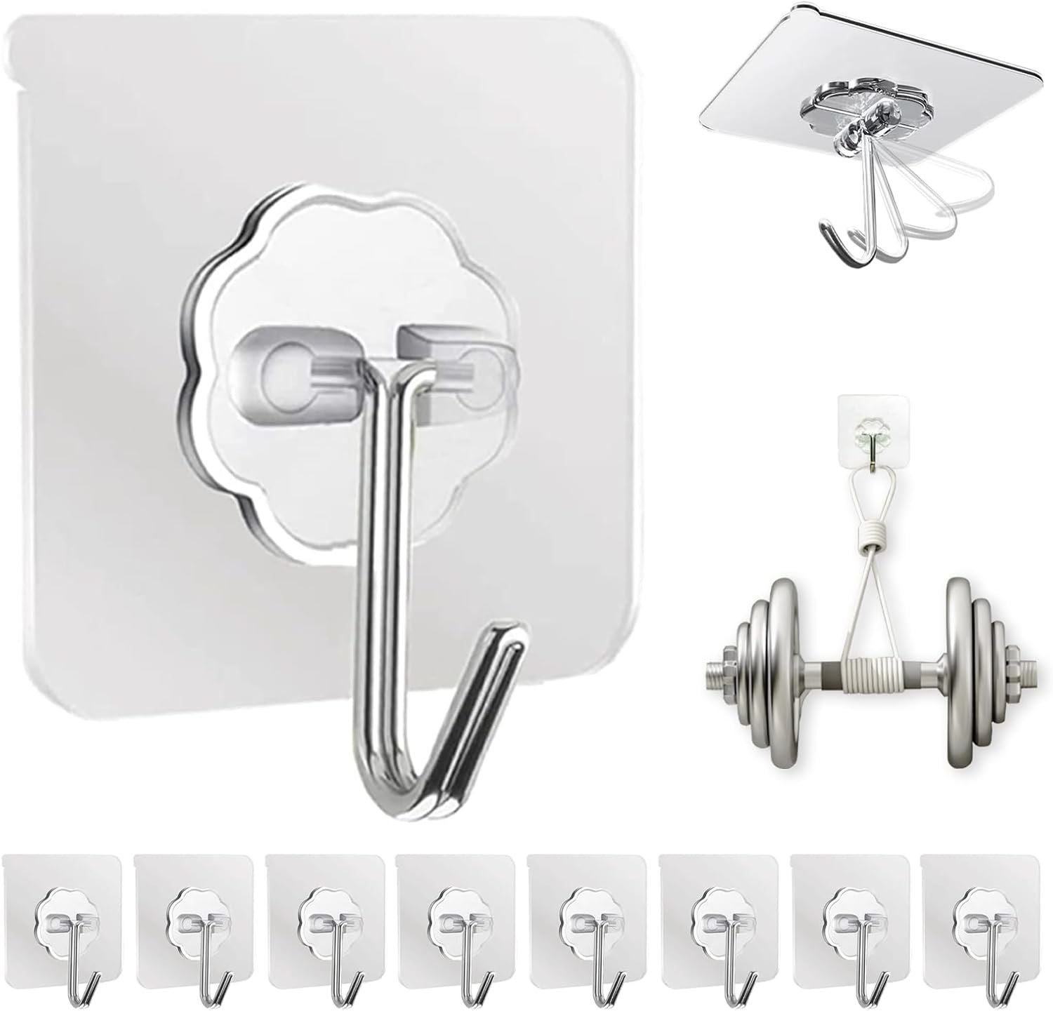 DDMY Adhesive Wall Hooks Clear 50lb(Max) Heavy Duty Hanging Sticky-10 Pack | Heavy Duty Hooks for Walls Hanging 50 lbs No Damage, Waterproof Sticky Transparent Ceiling Hook for Towel/Kitchen/Outdoor