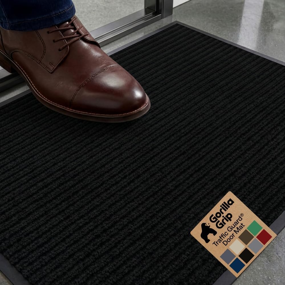GORILLA GRIP Waterproof Traffic Guard Door Mat, Indoor and Outdoor Heavy Duty Entryway Mats, Strong Backing Commercial Utility Rugs, Office Hallway, Garage and Patio, Low Profile Runner, 29×17, Black
