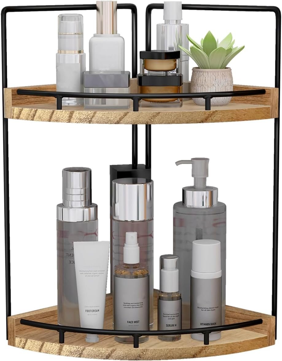 Dorhors Corner Bathroom Counter Organizer,Vanity Countertop Storage Shelf | 2-Tier Rustic Brown Rack Holder for Skincare,Perfume,Makeup,Lotion,Wood Sink Tray Stand for Kitchen,Restroom,Dresser