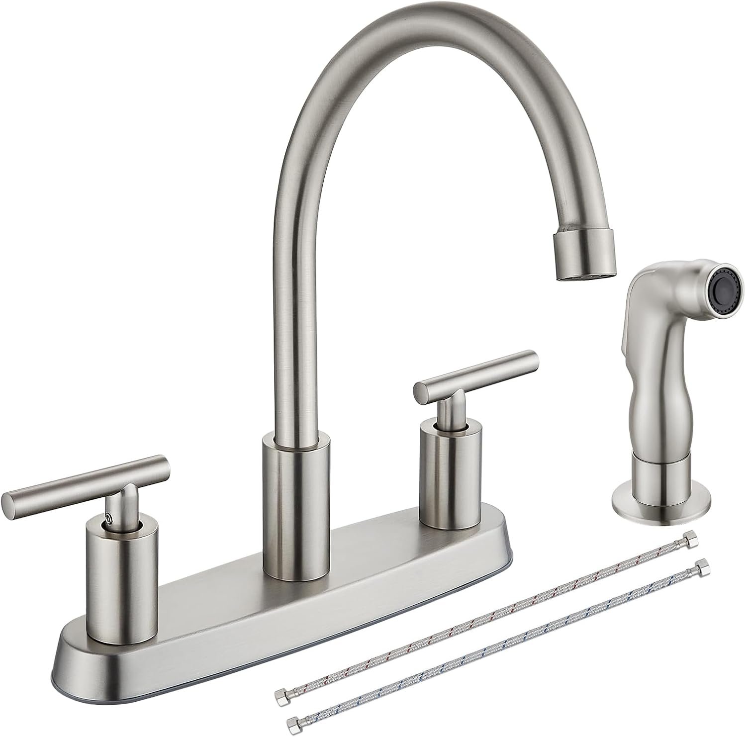 Kitchen Faucet with Side Sprayer, 2-Handle 4 Hole, Brushed Nickel | Lead-Free Modern 8-Inch Centerset Kitchen Sink Faucet, High-Arc 360° Swivel Spout, 1.8 GPM, SUS304 Stainless Steel