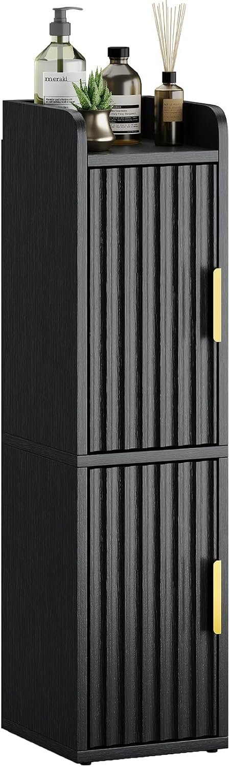 Yoobure Small Bathroom Storage Cabinet – Corner Floor Cabinet with 2 Doors & Adjustable Shelves, Narrow Slim Toilet Paper Cabinets, Skinny Bathroom Organizer for Small Space, 7.9″ D x 7.9″ W, Black