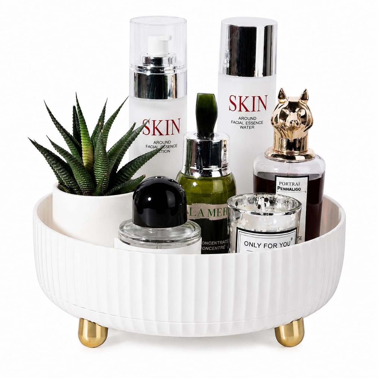 360 Rotating Makeup Perfume Organizer Skincare Tray, Small Ivory White | 360 Degree Spinning Lazy Susan Organizer Lotion Cosmetics Storage for Dresser, Vanity, Bathroom Countertop