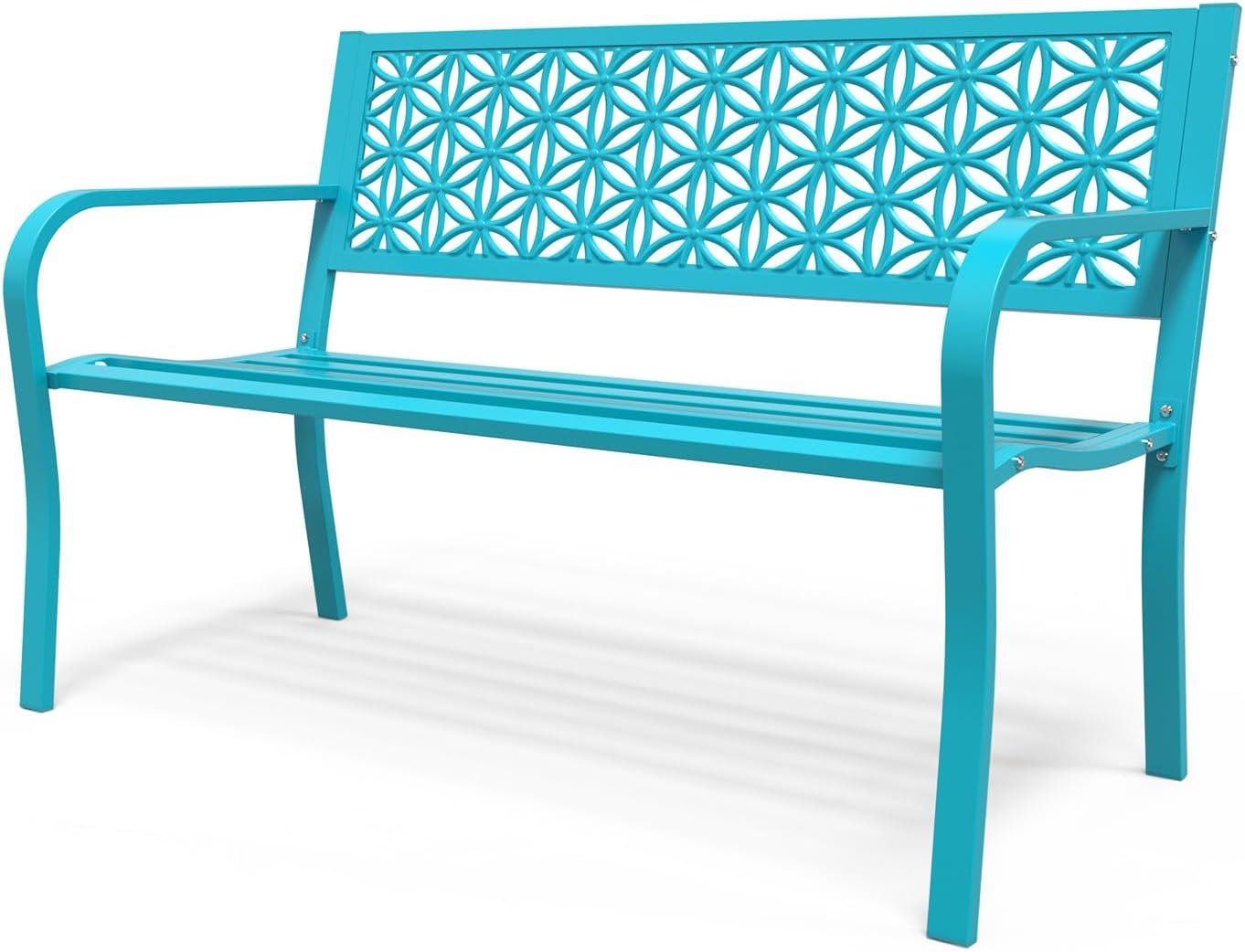 VINGLI 50″ Outdoor Bench Metal with Floral Back, Garden Bench Front Porch Benches for Yard Patio Entryway Park, 800lb Capacity – Blue