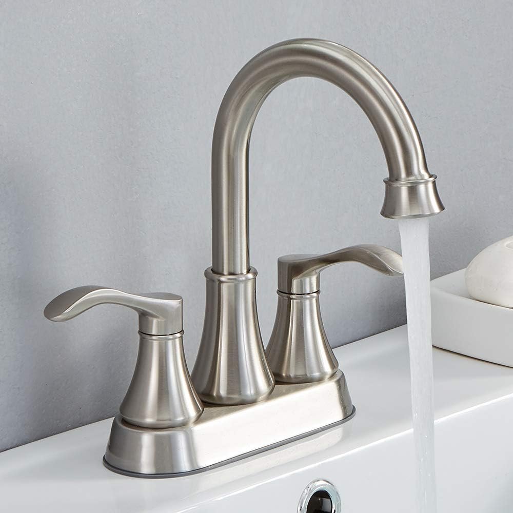 Lead-Free Antique 2 Handle Bathroom Sink Faucet, 360° Swivel High-Arc Spout 4-Inch Centerset Lavatory Vanity Faucets Set with Drain & Water Hoses, Brushed Nickel