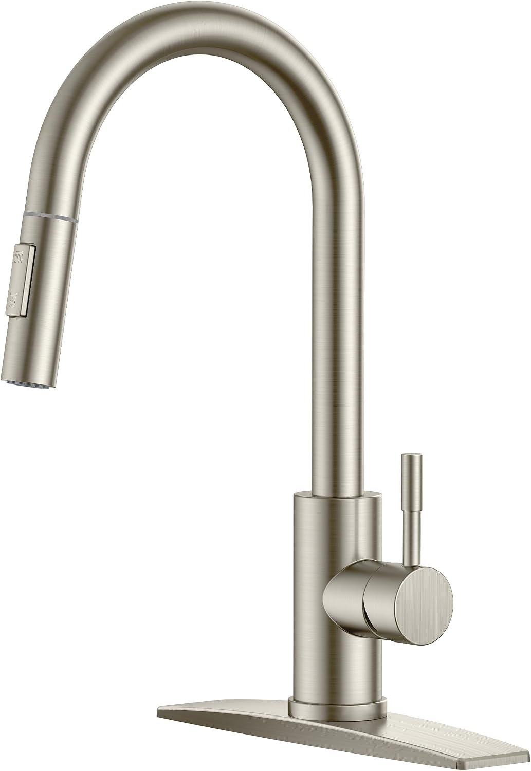 FORIOUS Kitchen Faucet with Pull Down Sprayer, Modern Brushed Nickel | No-Lead Stainless Steel Sink Faucet, Single Handle, 2-Mode High Arc Pull Out Sprayer, with Deck Plate, Fit for Bar Laundry Rv
