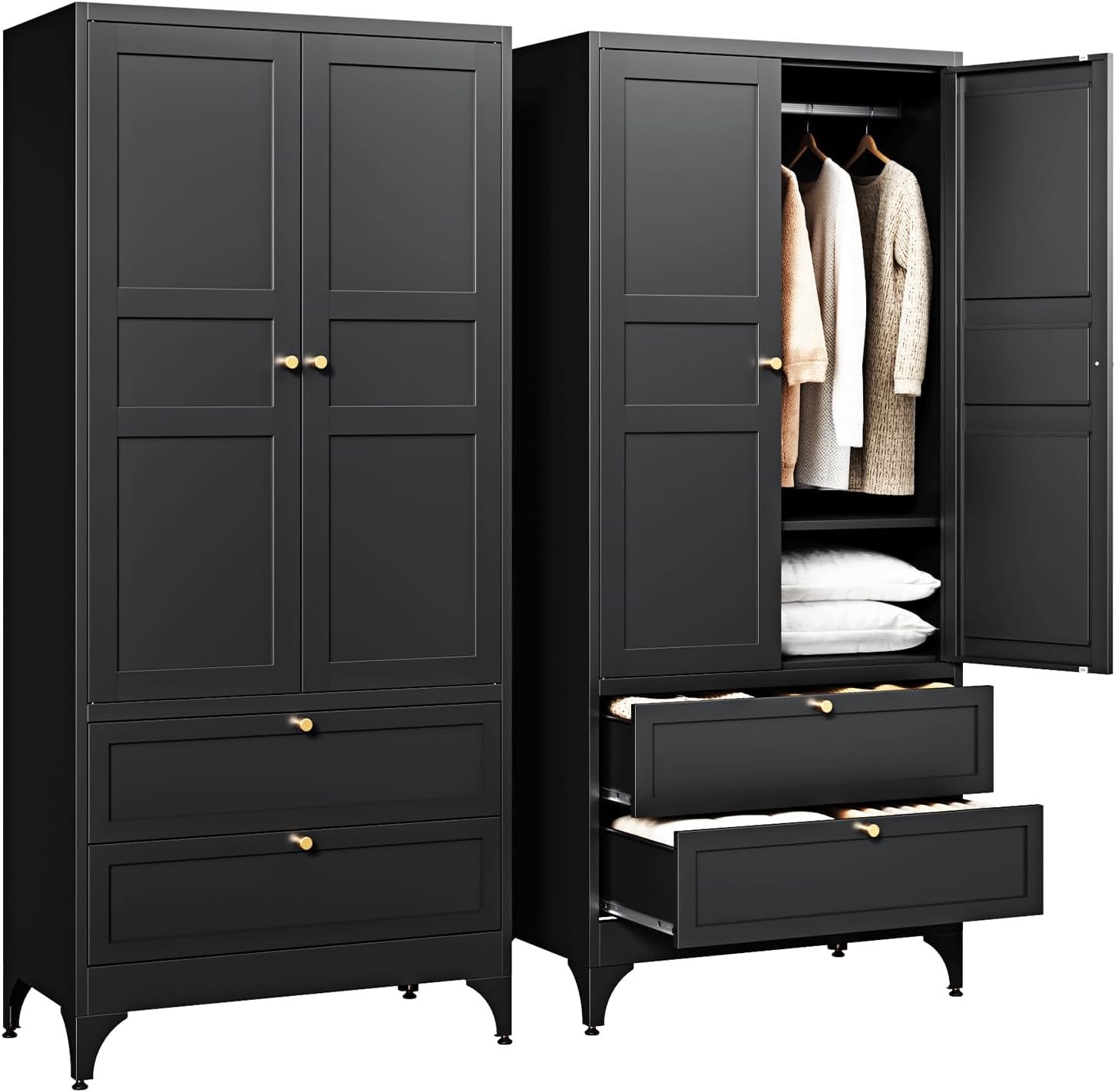 Metal Armoire Wardrobe Closet with Drawers,Clothing Storage Cabinet with Doors and Shelves,Coat Closet with Hanging Rod,Bedroom,Home,Cloak Room,Black-71 H x 32″ W x 18″ D