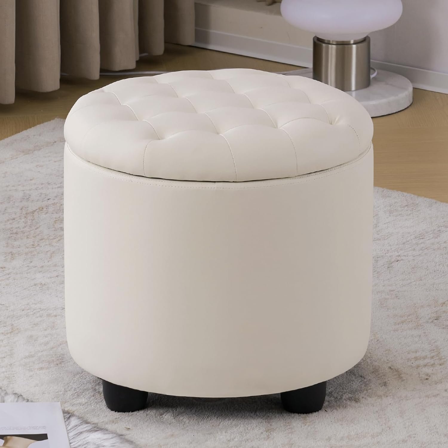 Upholstered Button Tufted Round Ottoman, PU Storage Ottoman Round, Removable Lid Convenient Footstools, Classic Ottoman with Storage for Nursery Room, IvoryWhite