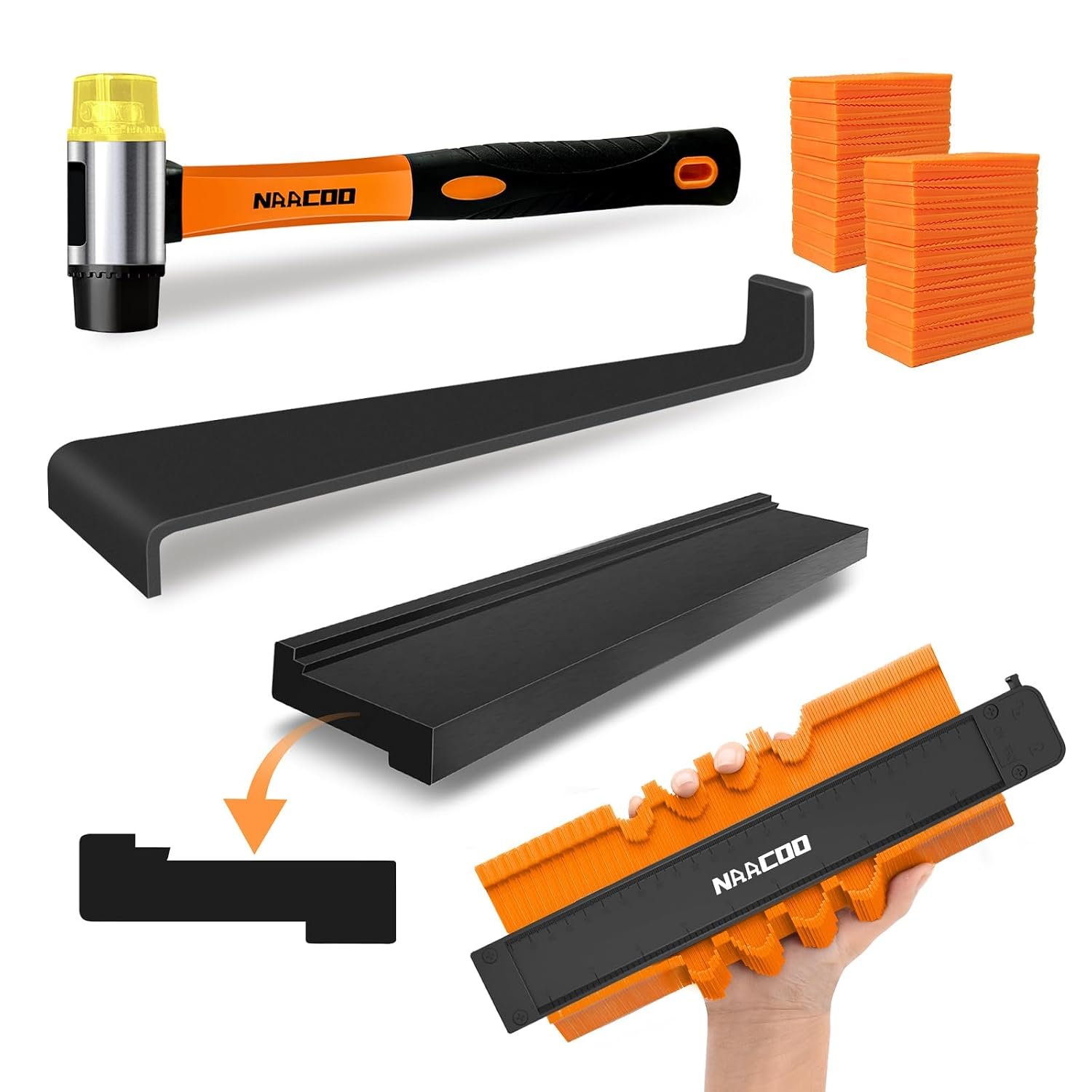 Laminate Flooring Tools, Universal 5 in 1 Floor Installation Kit | Tapping Block-Double Sided with Notches,10In Contour Gauge,Pull Bar,40Pcs Floor Spacers,Rubber Mallet