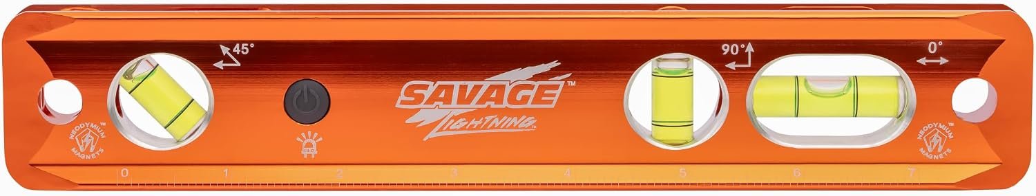Swanson Tool Co TLL049M Savage Lightning Aluminum Torpedo Magnetic Illuminated Levels, 9″, 3 Vials | Heavy-duty aluminum with 4 rare earth magnetics, 3 brightly lit vials, 2 top read views and inches/metric rulers, TLL049M