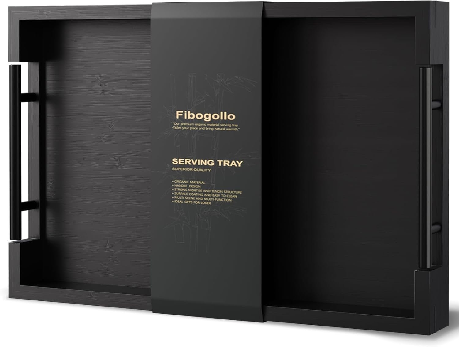 Fibogollo Bamboo Serving Trays with Metal Handles,Medium(Black) | 15 x 10Inch Ottoman Decorative Trays Platter for Coffee Table,Living Room,Bar,Party,Holiday Hosting and Outdoor Entertaining