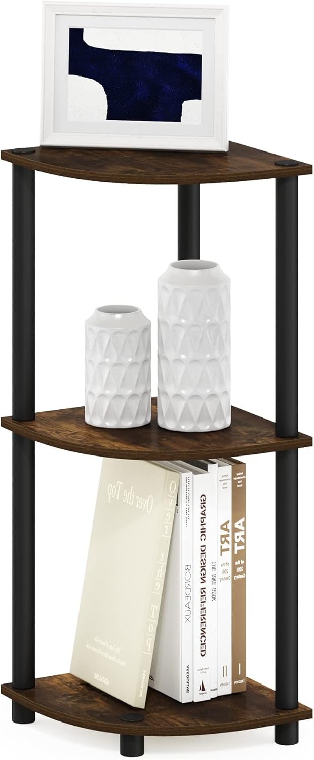 Furinno TURN-N-TUBE Corner Shelf, 3-Tier Corner Bookshelf, Display Storage Shelves with Open Shelves, for Organization and Storage, Living Room, Home Office, Garage, Amber Pine