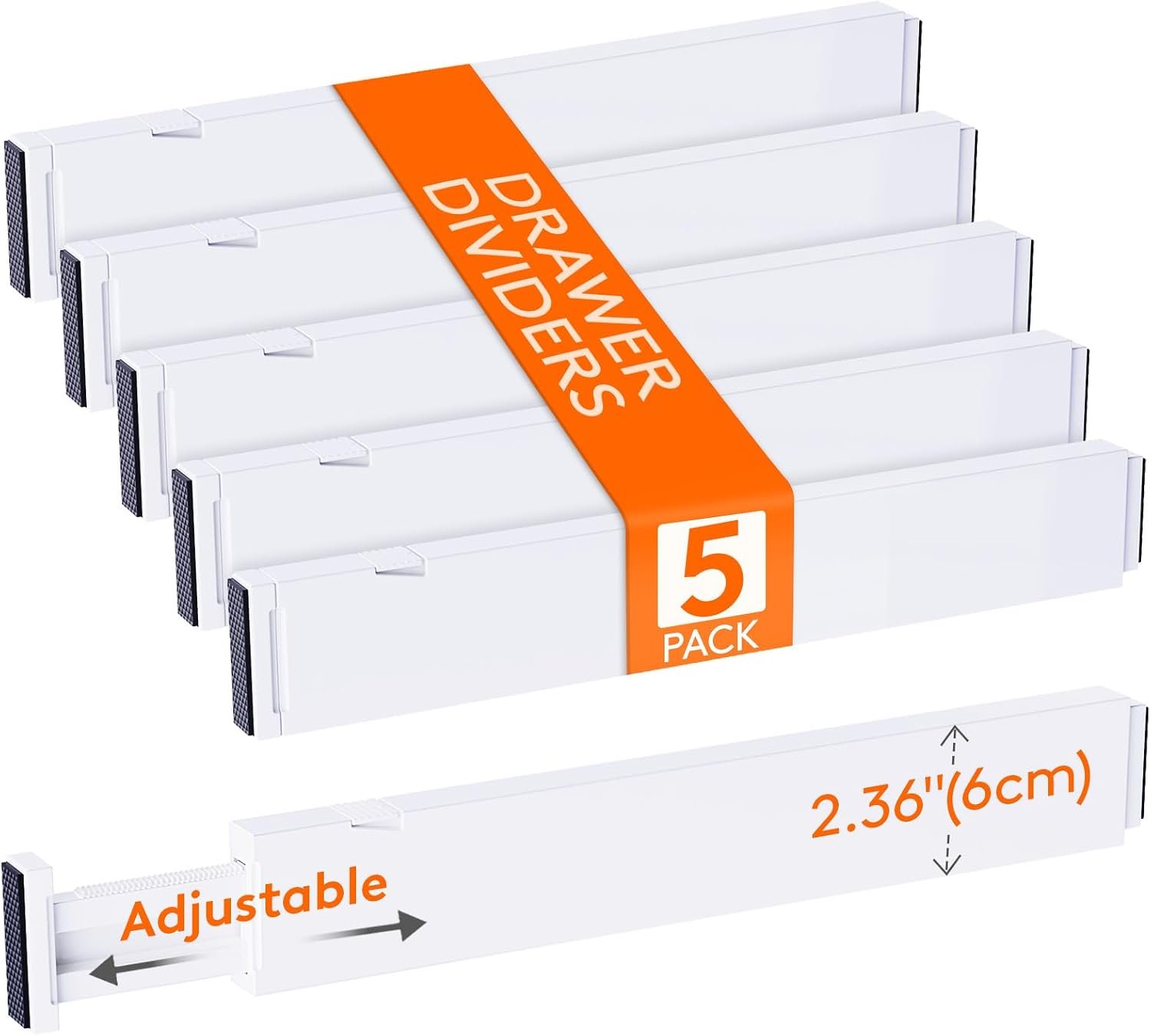 Lifewit 2.36″ Upgrade Kitchen Drawer Dividers, Adjustable Drawer Organizer | 16″-22″ Expandable White Drawer Separator for Clothes/Utensils, Dresser/Cabinet/Closet/Nursery Organization & Storage, 5 Pack