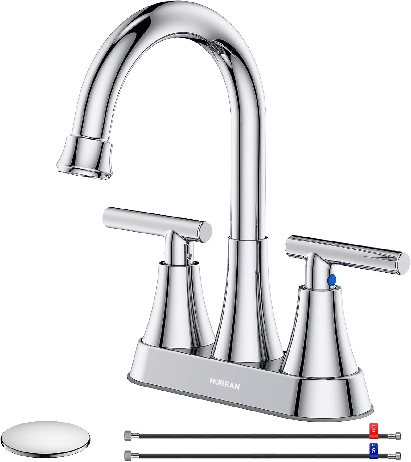 Bathroom Faucet, Hurran 4 inch Centerset 2-Handle Lead-Free, Chrome | Bathroom Sink Faucet with Pop-up Drain and Supply Lines, Stainless Steel Faucet for Vanity RV Restroom Laundry Outdoor Sink